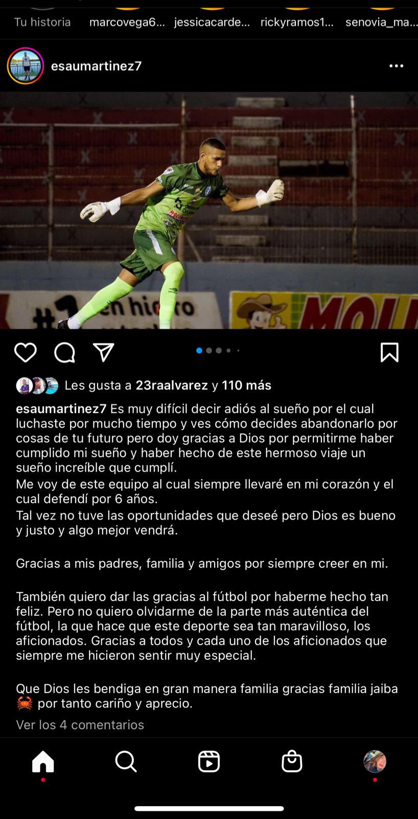 Carta de despedida de Esaú Martínez en redes sociales.