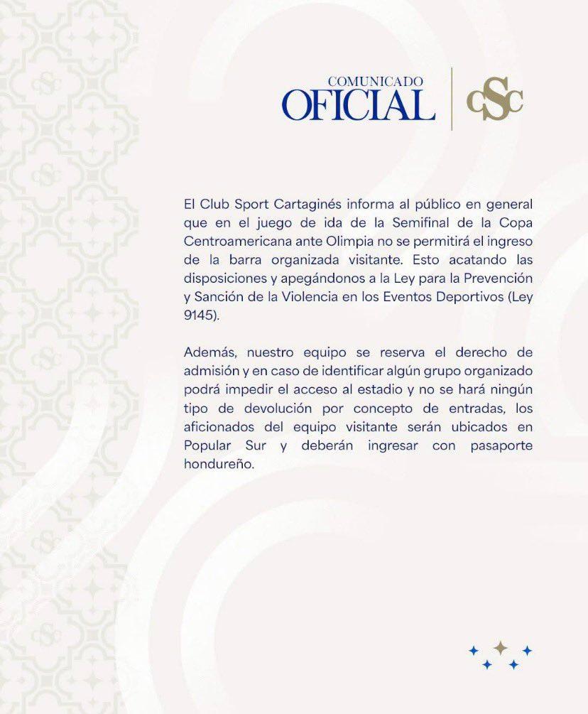 Este es el comunicado de Cartaginés sobre los aficionados de Olimpia para la vuelta.