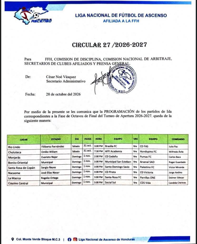 Los partidos, fechas y horarios de los octavos de final de la Liga de Ascenso.