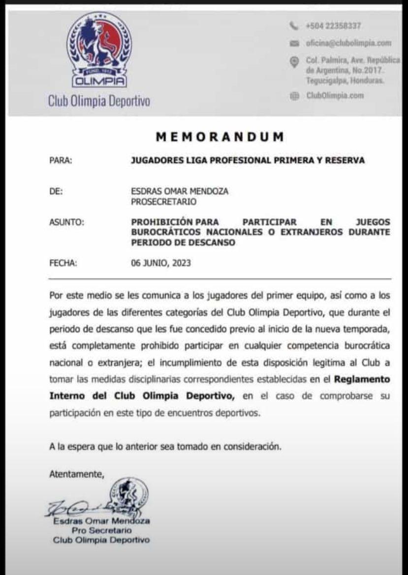 El memorandum que publicó Olimpia dirigido a jugadores de primera división y de las reservas.