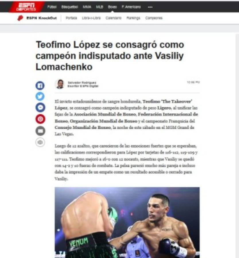 'Nació un nuevo rey': Lo que dice la prensa tras triunfo de Teófimo López sobre Lomachenko