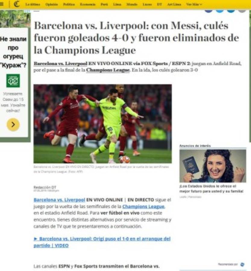 ¡Ridículo y tragedia! Así tilda la prensa mundial la eliminación del Barcelona ante Liverpool