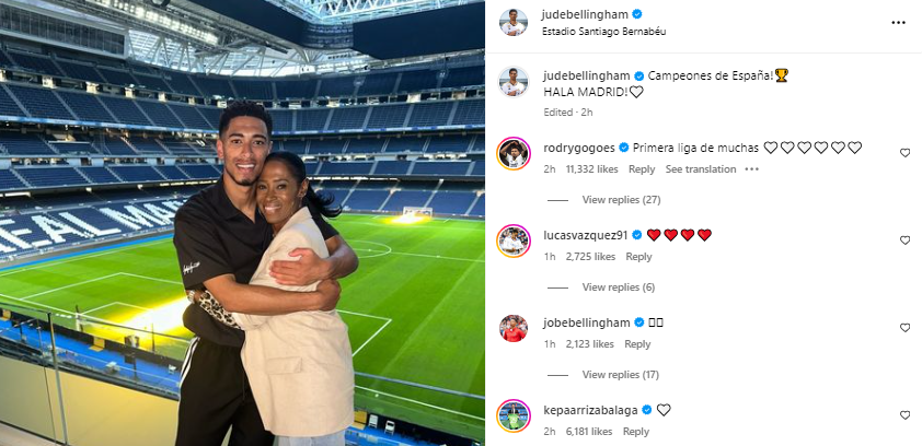 Bellingham con su madre y Rodrygo desde el carro: así celebraron los jugadores del Real Madrid el título de LaLiga
