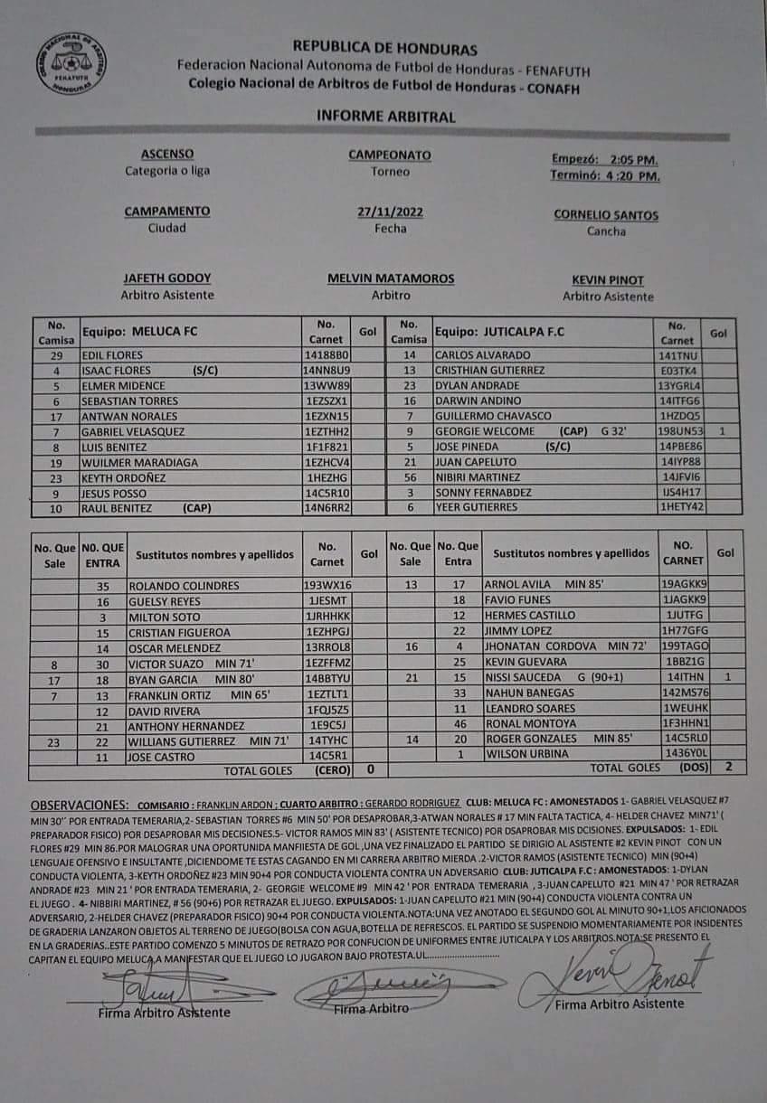 El acta arbitral del choque entre Meluca - Juticalpa FC en el Estadio Cornelio Santos.