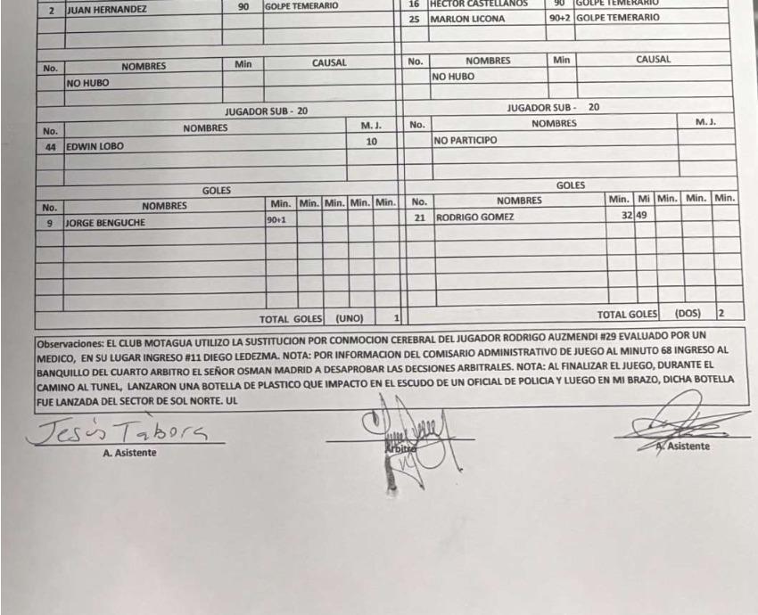 Observaciones del acta arbitral del clásico entre Olimpia vs Motagua.
