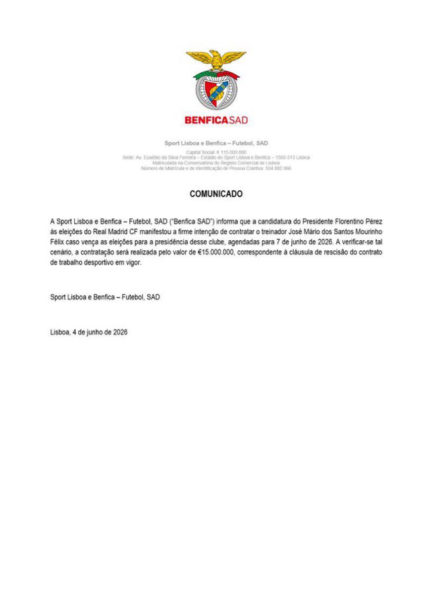 El millonario precio que pagará Real Madrid por Mourinho: Benfica lo hizo oficial