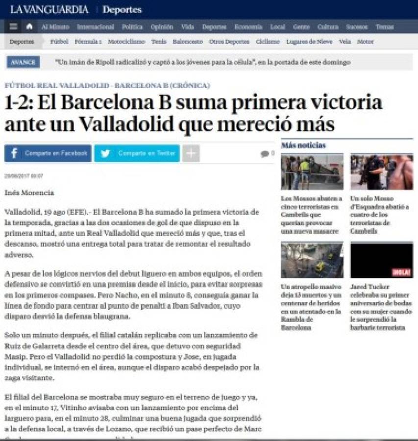 Prensa internacional destaca labor al Choco Lozano en debut del Barcelona B