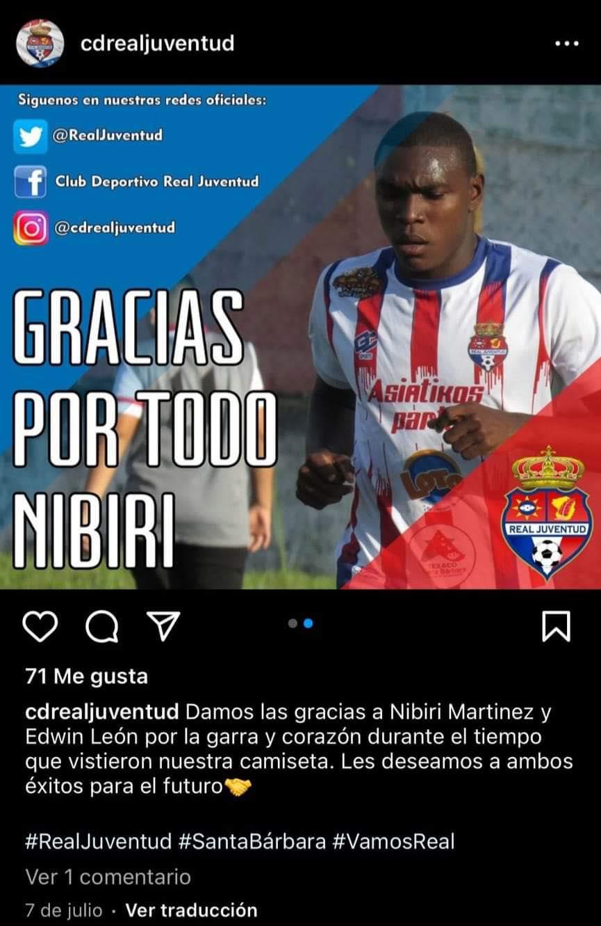 Las redes oficiales del Real Juventud despidieron a Nibiri Martínez en su momento.