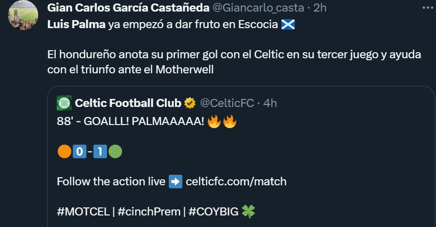 “Palma está cumpliendo sus sueños”, “Empezó a dar frutos”: Prensa hondureña e internacional halaga golazo del catracho con el Celtic
