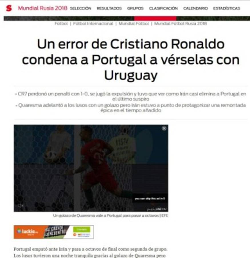 PORTADAS: Así ven a la Portugal de Ronaldo por su pase a octavos de Rusia 2018