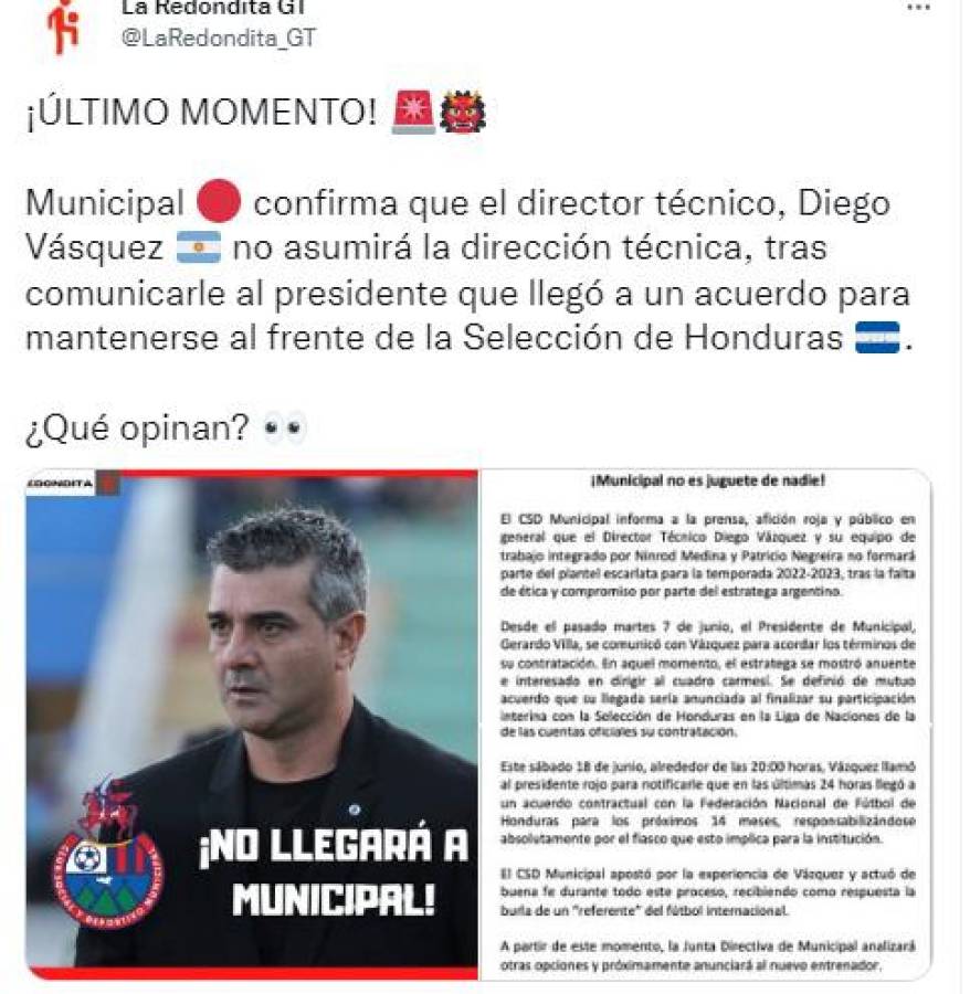 “Falta de ética y compromiso”: La dura reacción de la prensa luego de que Diego Vázquez dejara ‘plantado’ al Municipal por la selección de Honduras