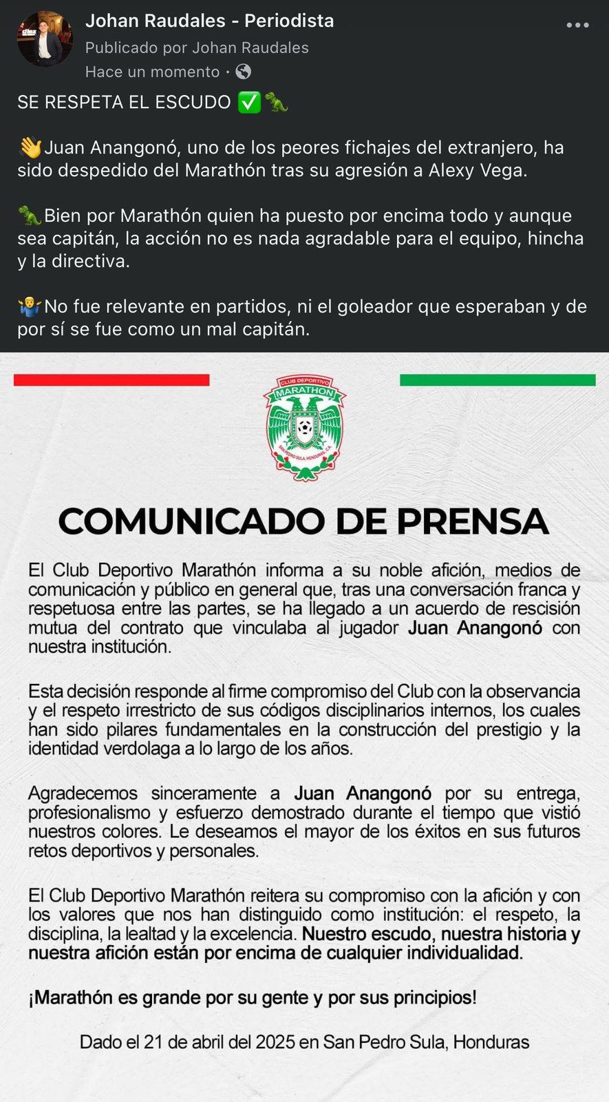 Prensa deportiva se pronuncia tras la salida de Anangonó del Marathón: una determinación muy acertada