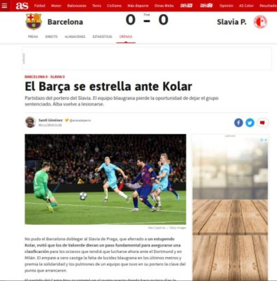 Prensa de España atiza contra Barcelona tras empate contra Slavia Praha en Champions