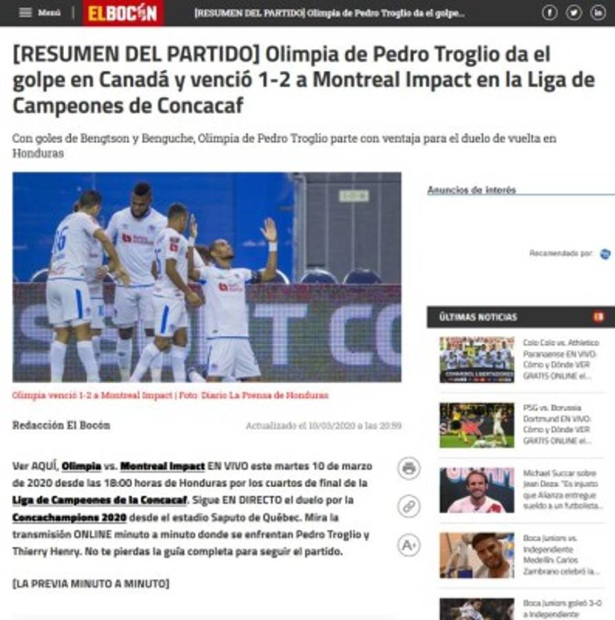 'Ruge y hace historia': Prensa internacional habla del triunfo de Olimpia sobre Impact Montreal