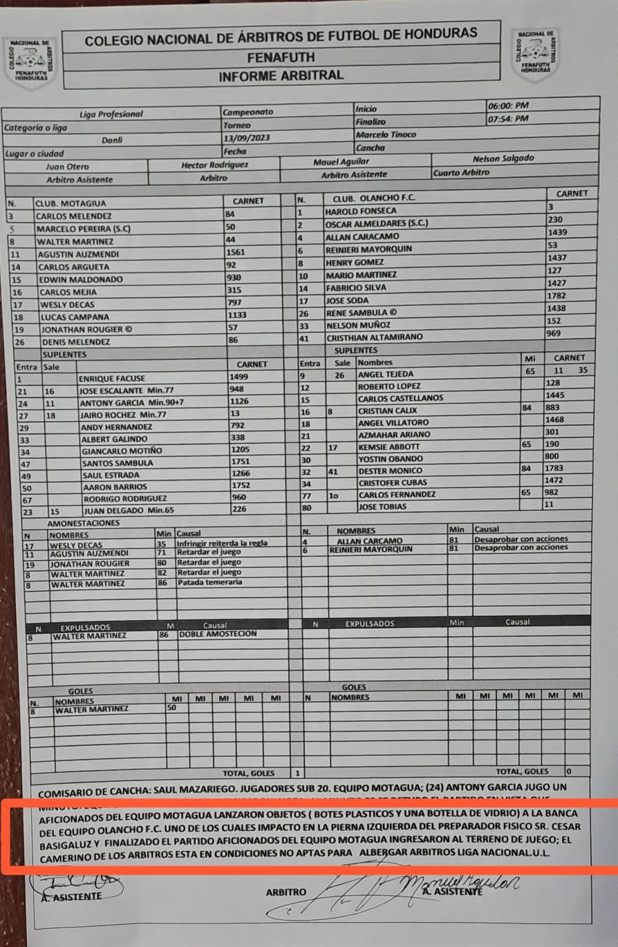 El acta donde se confirma la agresión al preparador físico de Motagua.