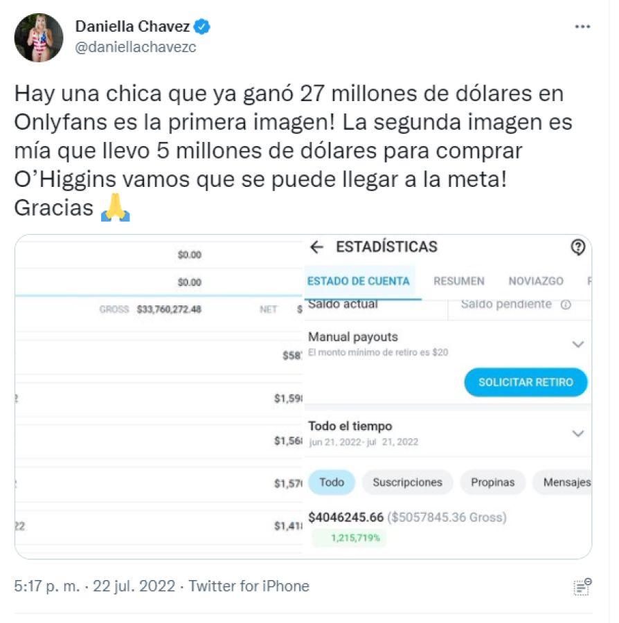 Daniella Chávez publica cuánto ha ganado en Onlyfans y el club que busca comprar: ‘‘Haremos el sueño realidad’’