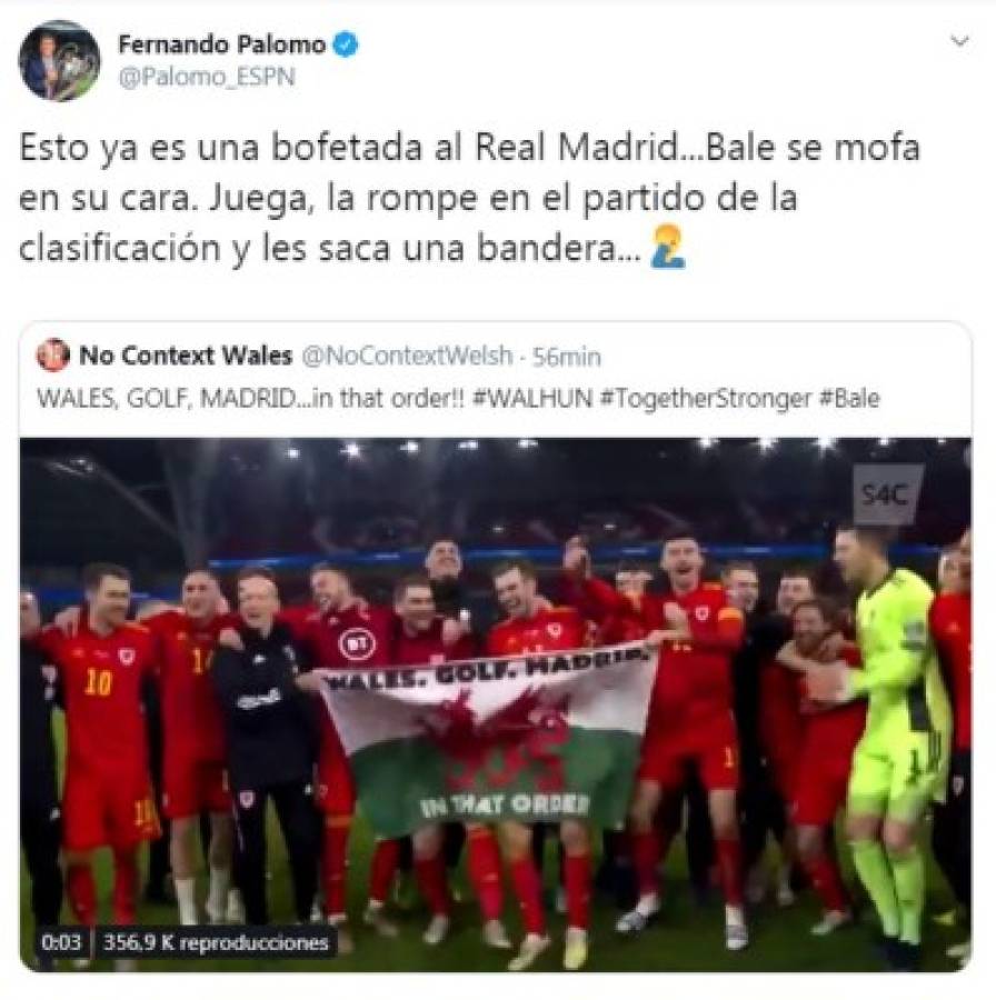 Bale celebra la clasificación a la Eurocopa 2020 con la bandera que se burla del Real Madrid