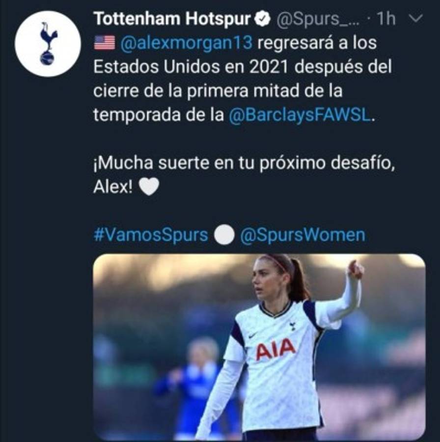 Solo duró dos meses: Así fue el corto paso de Alex Morgan por el Tottenham de Inglaterra