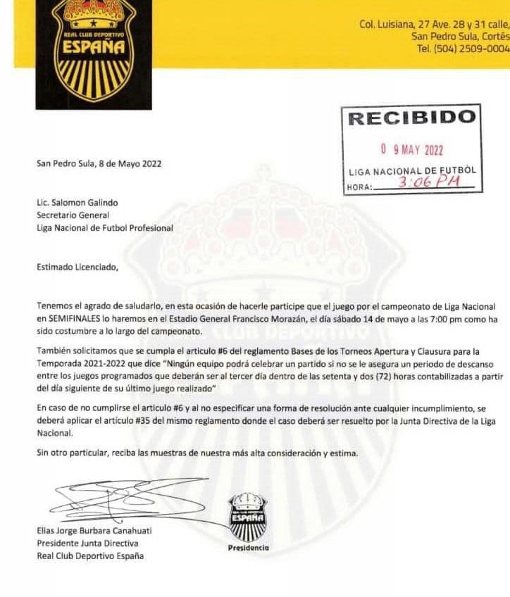 Real España envía carta a la Liga Nacional comunicando que la vuelta de la semifinal ante Marathón será en el Morazán
