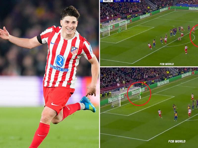 Barcelona se quedó con 10 y Julián Álvarez castigó con un golazo de tiro libre en el Camp Nou