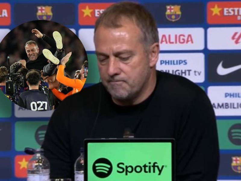 Hansi Flick, entrenador campeón de la Liga con El Barcelona, llegó triste a la conferencia tras ser campeón.