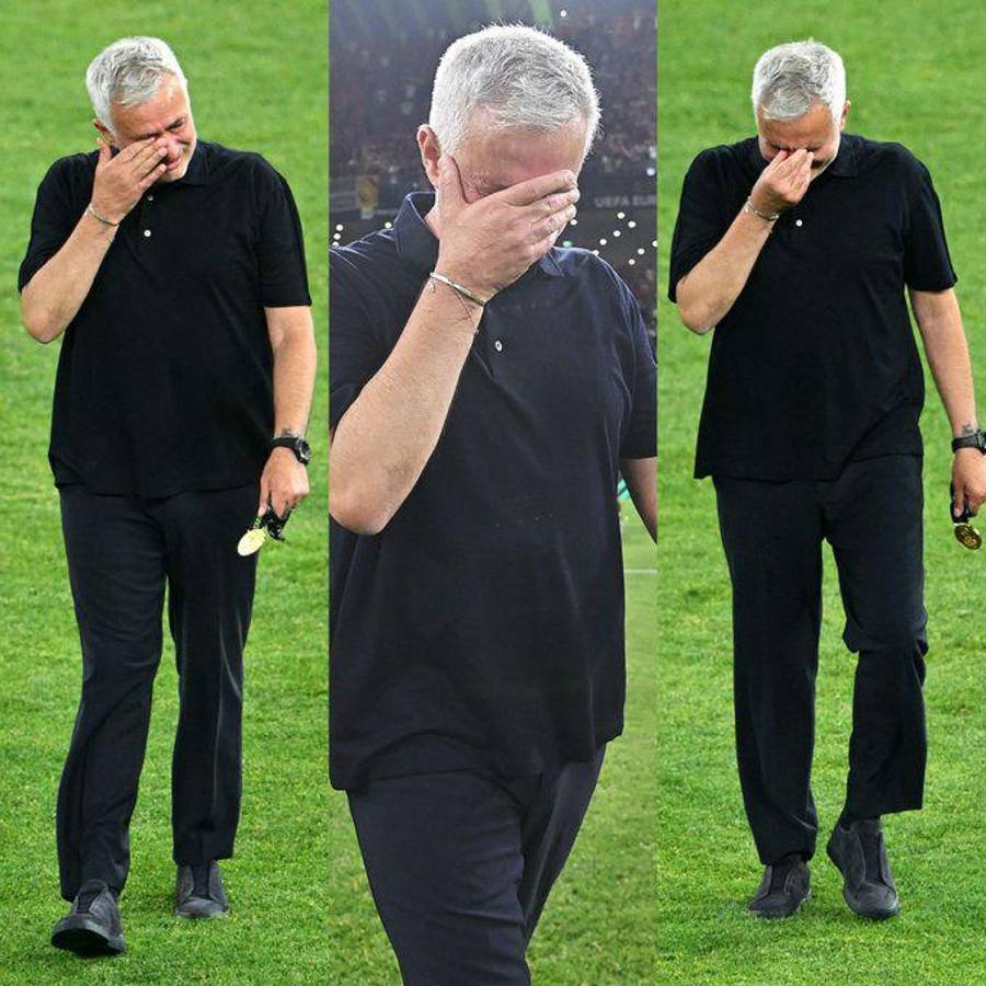 Las lágrimas de Mourinho tras ganar la Conference League con la Roma y el gesto con el que afirma que es el mejor del mundo