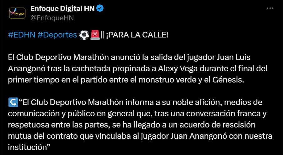 Prensa deportiva se pronuncia tras la salida de Anangonó del Marathón: una determinación muy acertada