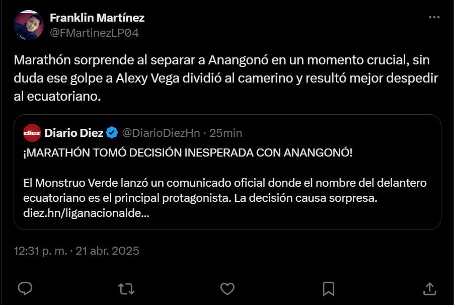 Prensa deportiva se pronuncia tras la salida de Anangonó del Marathón: una determinación muy acertada