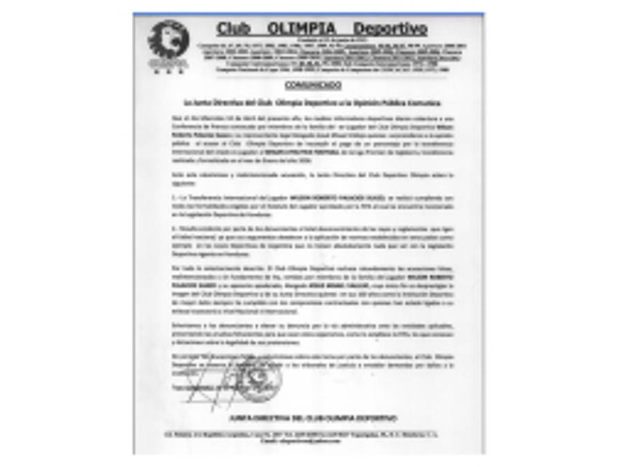 Olimpia rechaza la acusación de Wilson Palacios