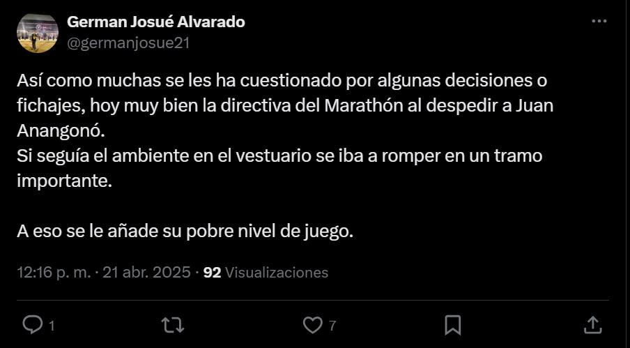 Prensa deportiva se pronuncia tras la salida de Anangonó del Marathón: una determinación muy acertada