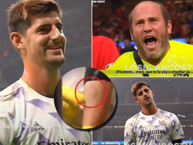 Un aficionado colchonero increpó a Courtois y el arquero respondió señalando su tatuaje de la Champions League.