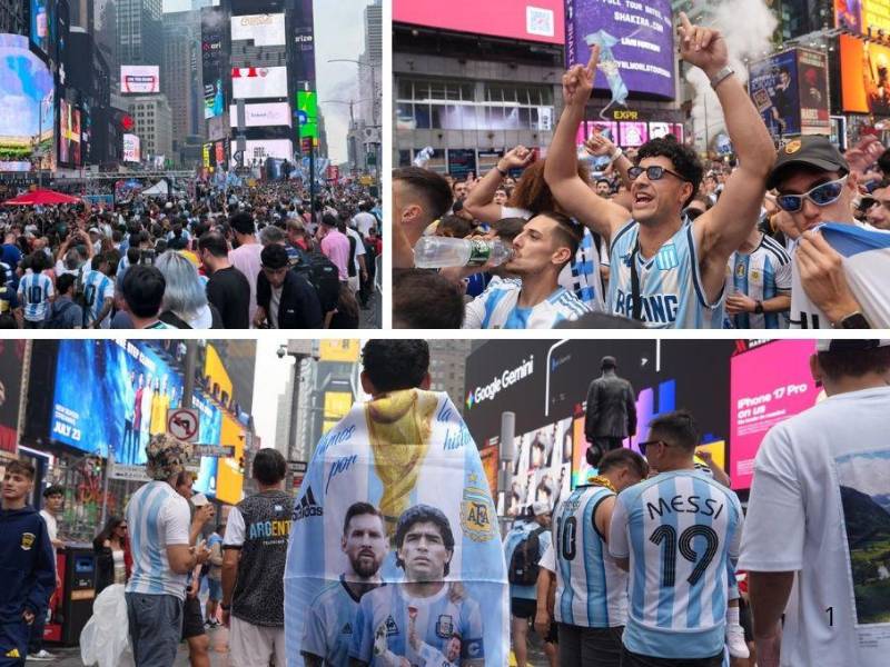 La afición argentina se hace sentir en New York con tremendo banderazo en pleno Times Square. FOTOS: EFE