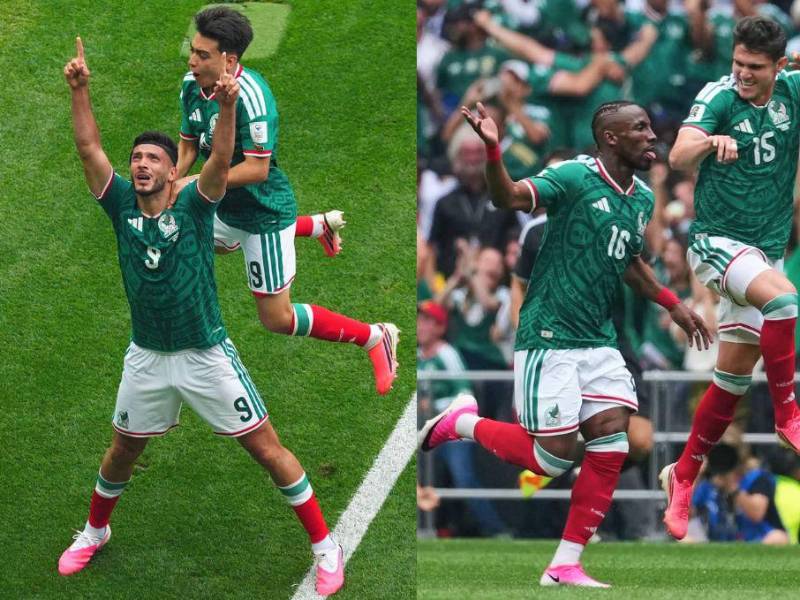 Julián Quiñones y Raúl Jiménez celebrando sus goles en el inicio del Mundial.