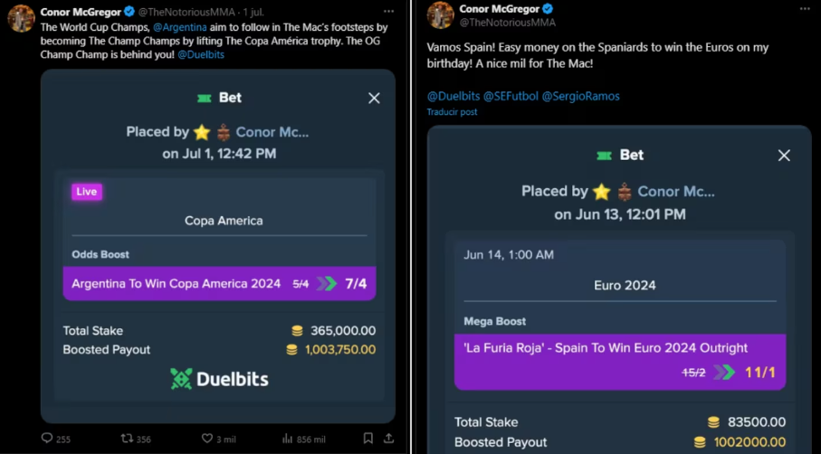 Conor McGregor se llevó más de dos millones de euros por los triunfos de Argentina y España.