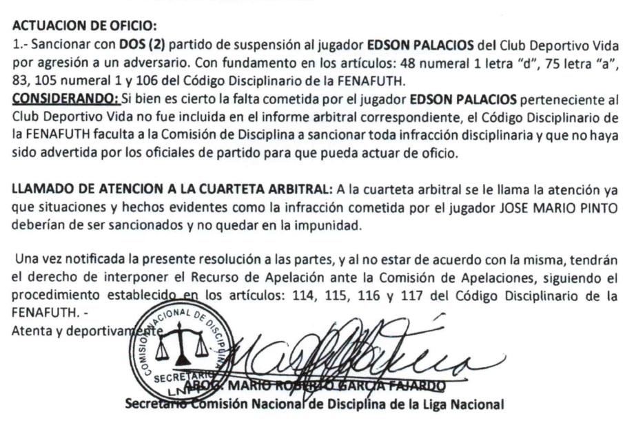La Comisión de Disciplina castigó a Edson Palacios, futbolista del Vida.
