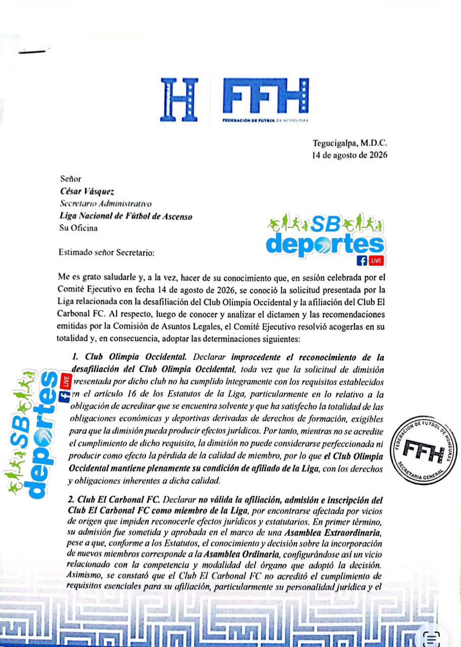 La resolución de la Federación de Fútbol de Honduras que confirma que Olimpia Occidental tendrá que jugar con la plantilla actual.