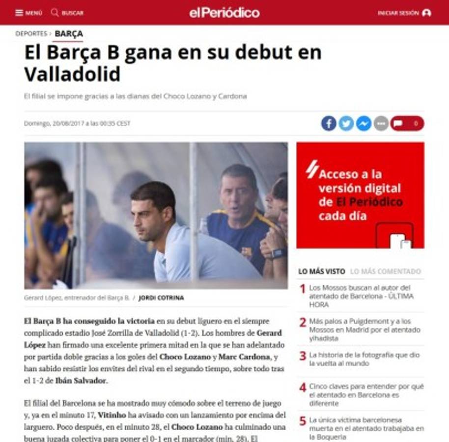 Prensa internacional destaca labor al Choco Lozano en debut del Barcelona B