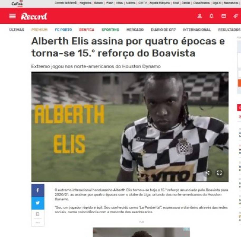 'Poder físico, velocidad y gol': Lo que dicen en EUA y Portugal del fichaje de Alberth Elis con Boavista