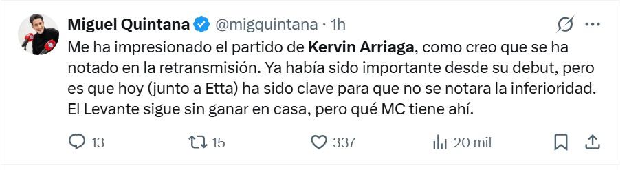 Es dueño del Levante y es una bestia: aficionados explotan tras el gol de Kervin Arriaga en España