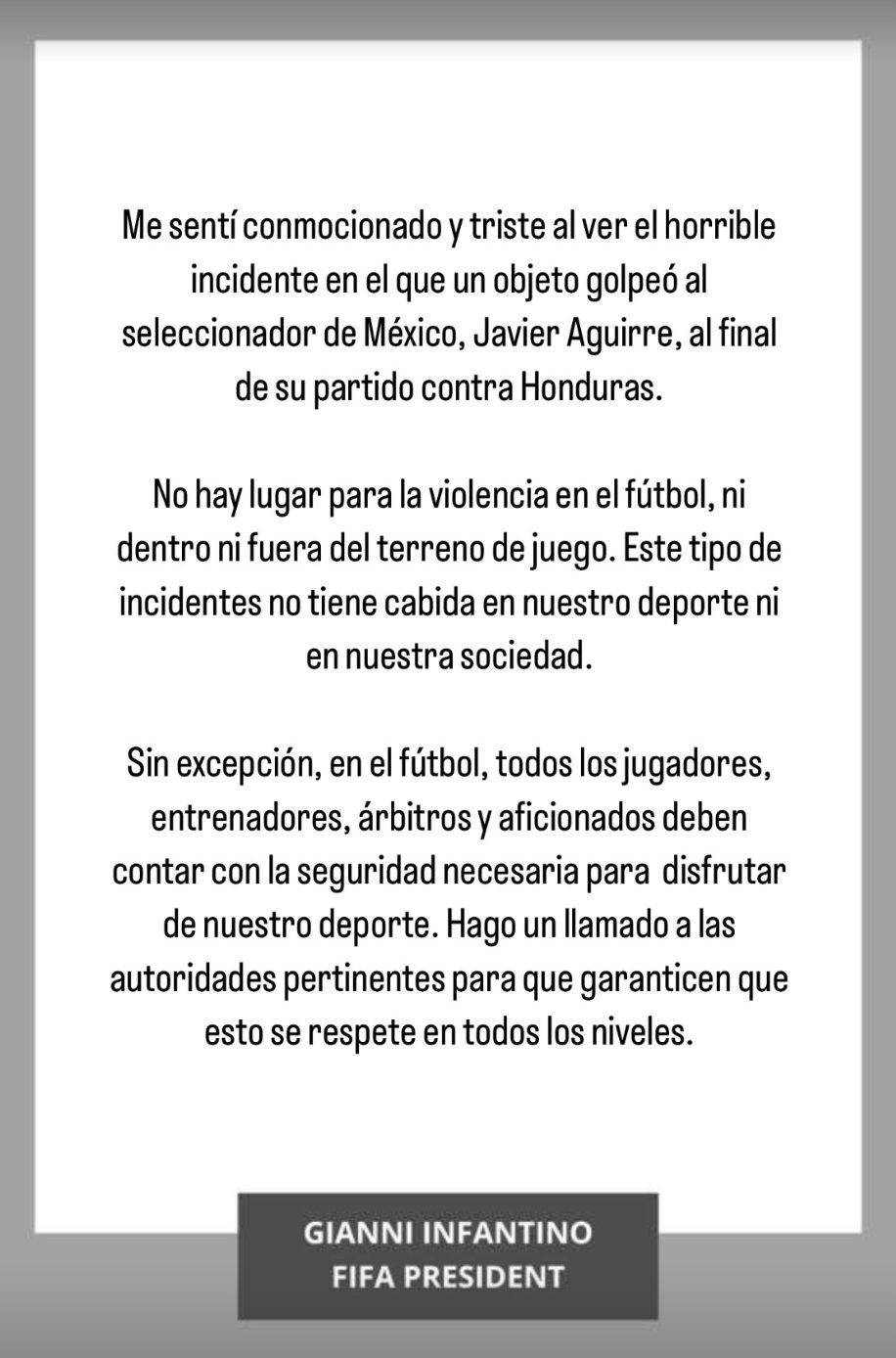 La reacción de Gianni Infantino, presidente de FIFA, a lo ocurrido en Honduras con Javier Aguirre: “Hago un llamado...”