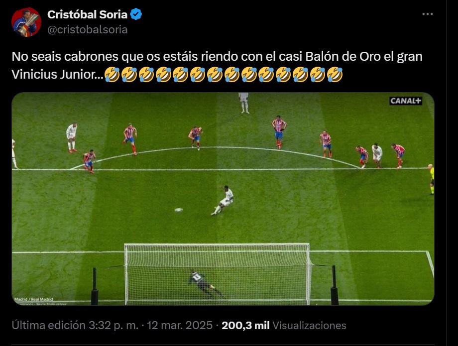 La polémica está al rojo vivo con el penal de Julián Álvarez en el Atlético vs Real Madrid y Cristóbal Soria se burló de Vinicius
