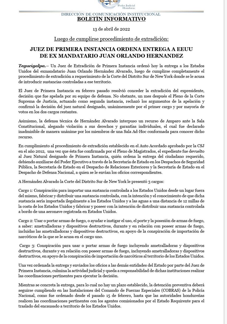 Juez ordena la entrega de Juan Orlando Hernández al gobierno de Estados Unidos tras ser solicitado en extradición