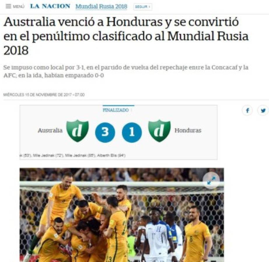 Prensa internacional resalta 'el fracaso' de Honduras y la goleada de Australia