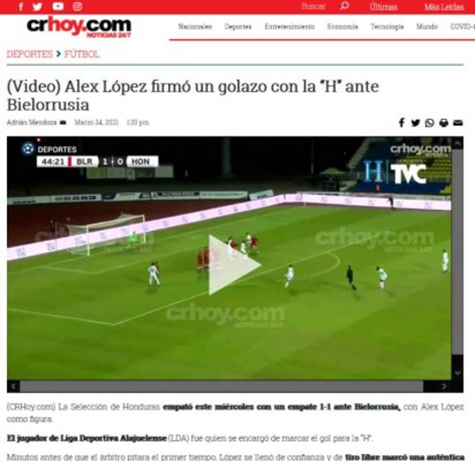 Prensa Internacional elogia a Alex López por su golazo en el empate de Honduras ante Bielorrusia