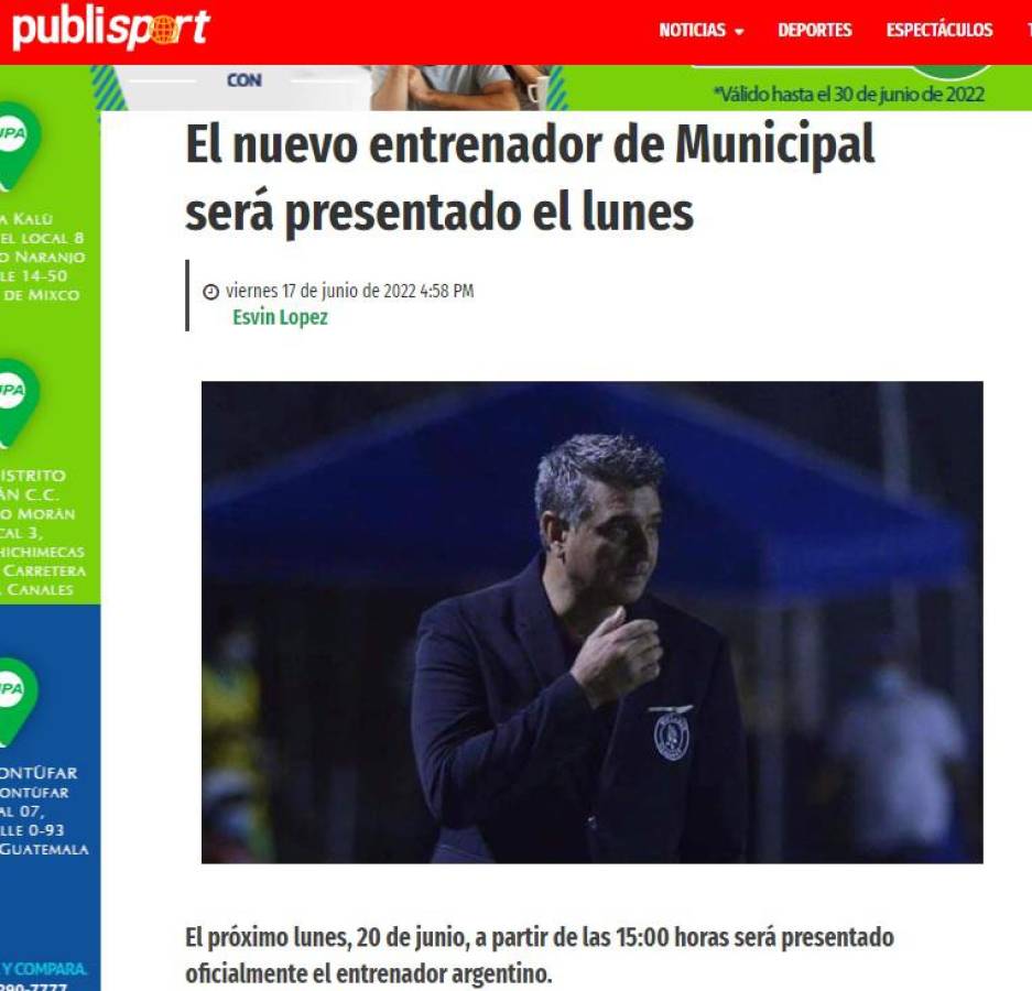 Publisport dice que Diego Vázquez será presentado el lunes por el Municipal.