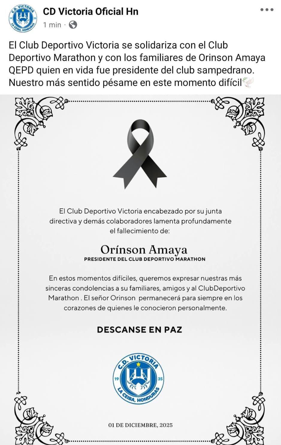 Pachuca y los equipos de la Liga Nacional despiden al presidente de Marathón, Orinson Amaya: Permanecerá en nuestros corazones