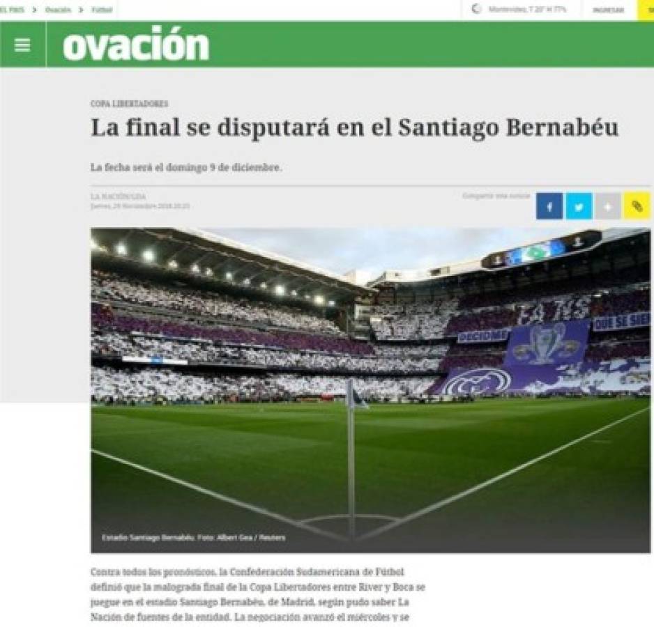 La final de la Copa Libertadores en el Bernabéu se roba la portadas del mundo