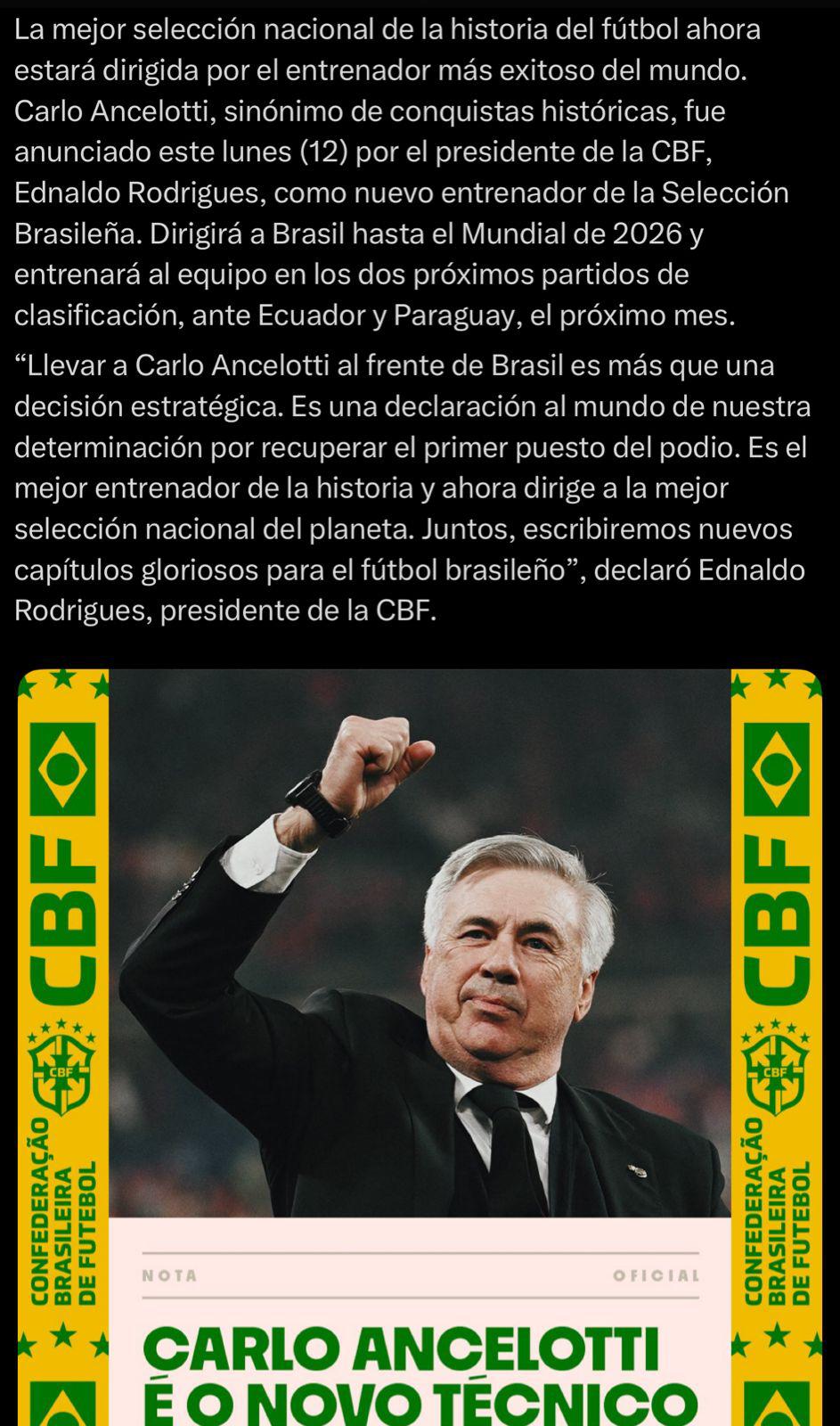 Tiemblan en Argentina, Nombramiento histórico: así reacciona la prensa tras el fichaje de Ancelotti a Brasil