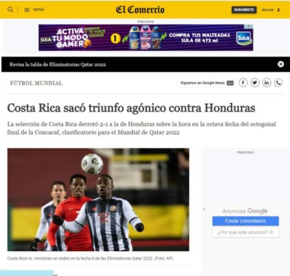 ¡Adiós Qatar, triunfo agónico, Costa Rica sobrevive! Lo que dice la prensa mundial tras el fracaso de la Selección de Honduras