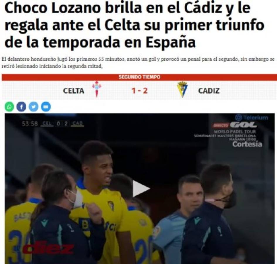 'Dinamitó el partido con movimientos top': Lo que dicen del Choco Lozano tras su nuevo gol con el Cádiz en la Liga Española